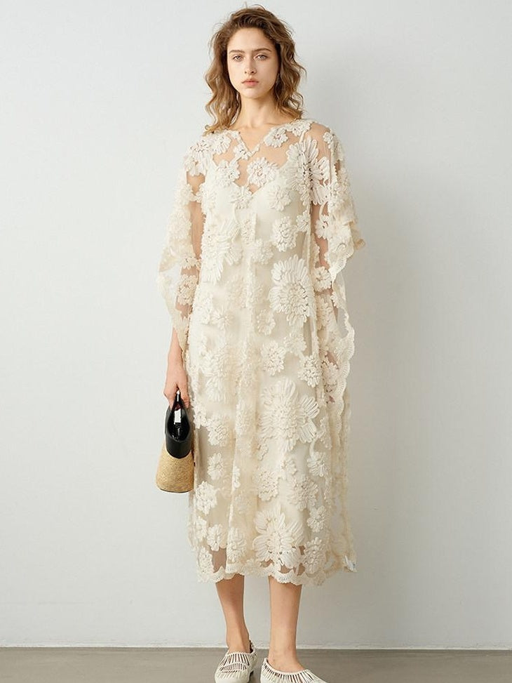audreyyang Comfortable Polyester Insta Loose Fit V-neck Short Sleeve A Line Maxi Dresses
