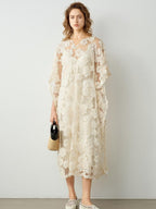 audreyyang Comfortable Polyester Insta Loose Fit V-neck Short Sleeve A Line Maxi Dresses