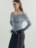 someone sometimes Soft Mist Blue Viscose Blend Slim Fit Round Neck Women Long Sleeve T-Shirts