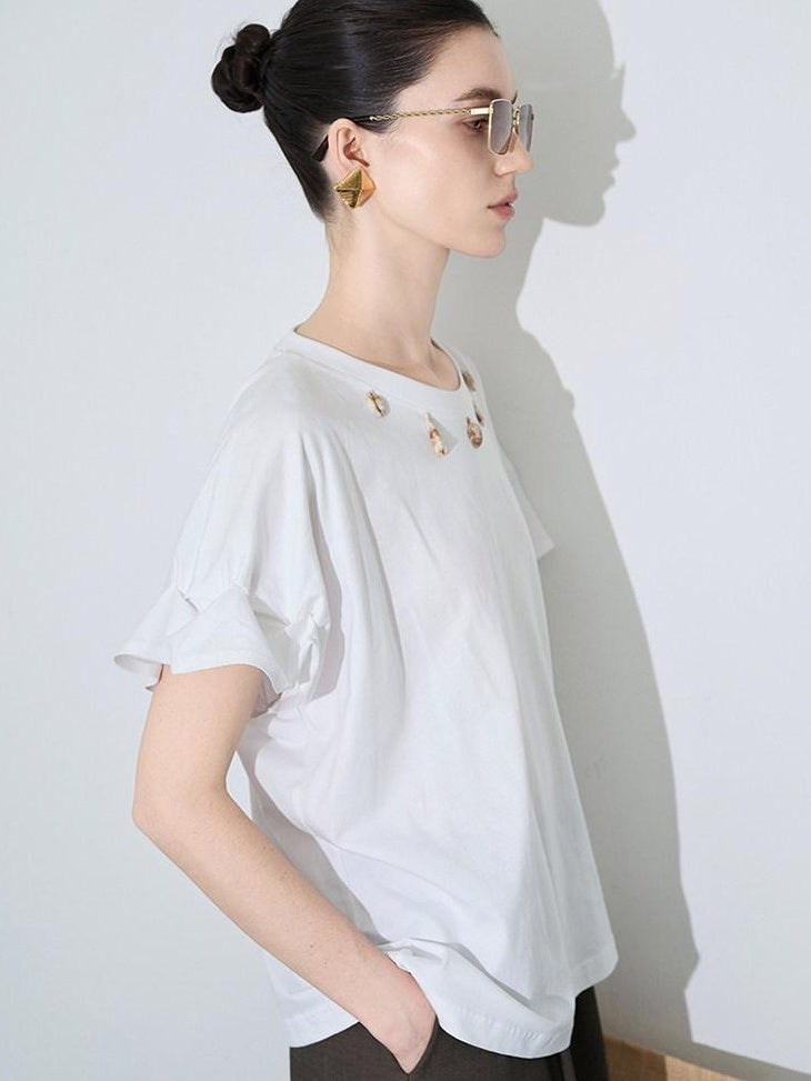 audreyyang Pure Cotton Loose Fit Casual Round Neck Women White Navy Short Sleeve T-Shirts