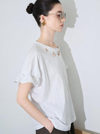 audreyyang Pure Cotton Loose Fit Casual Round Neck Women White Navy Short Sleeve T-Shirts