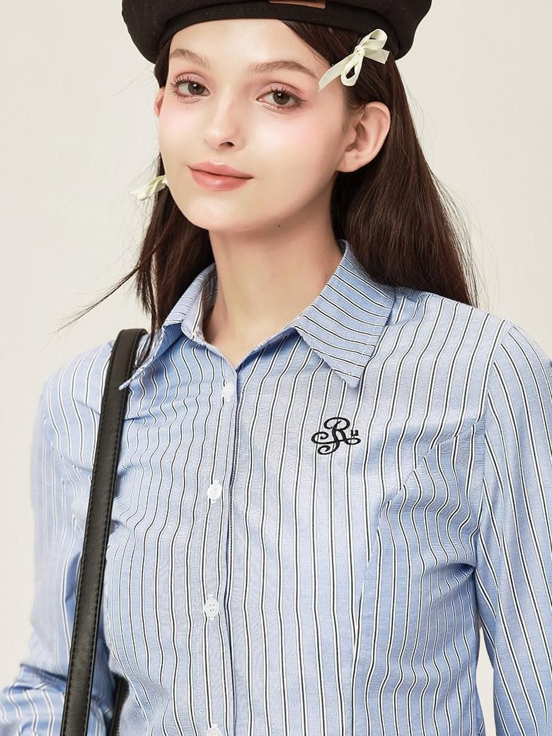 ikyou Embroidered Slim Commuter Square Neck Striped Long Sleeve Cotton Blend Shirts