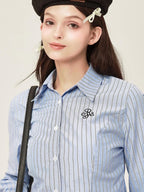 ikyou Embroidered Slim Commuter Square Neck Striped Long Sleeve Cotton Blend Shirts