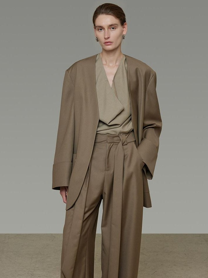 unspoken Minimal Slim Tailored Blazer High Waist Long Pants Women Brown Top & Pants Sets