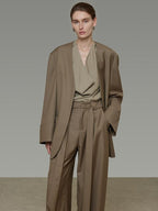 unspoken Minimal Slim Tailored Blazer High Waist Long Pants Women Brown Top & Pants Sets