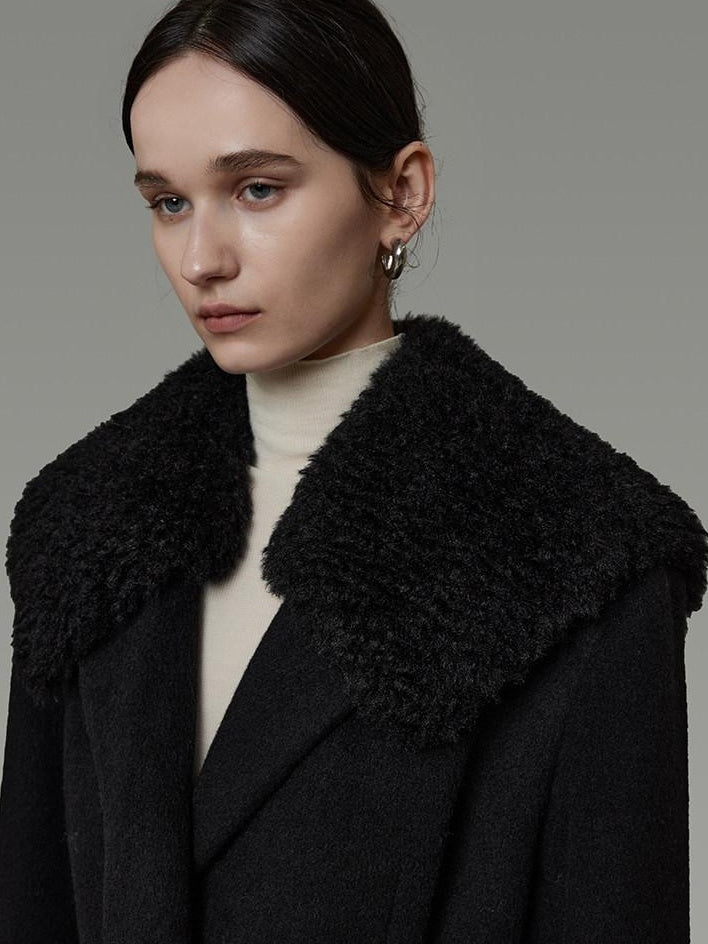 unspoken Fur Collar Thick Mid Length Loose Fit Minimalist Commuter Black Wool Long Coats