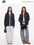 ikyou Warm Wool Blend Stand Collar Zip Loose Commuter Knit Women Deep Gray Cardigans