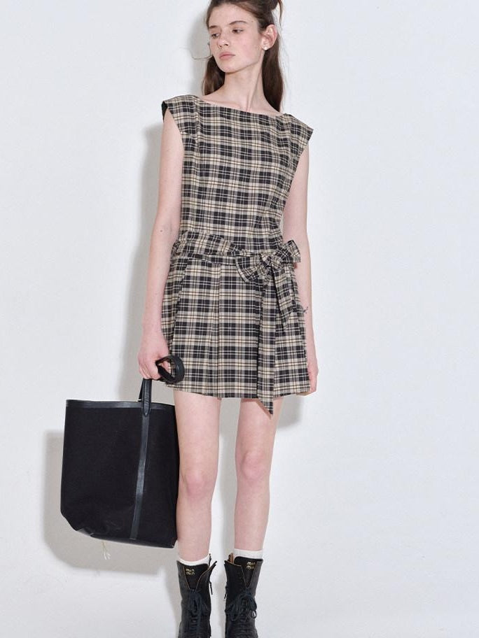 fano Plaid Sleeveless H Line Natural Waist Office Dress For Women Midi Dresses