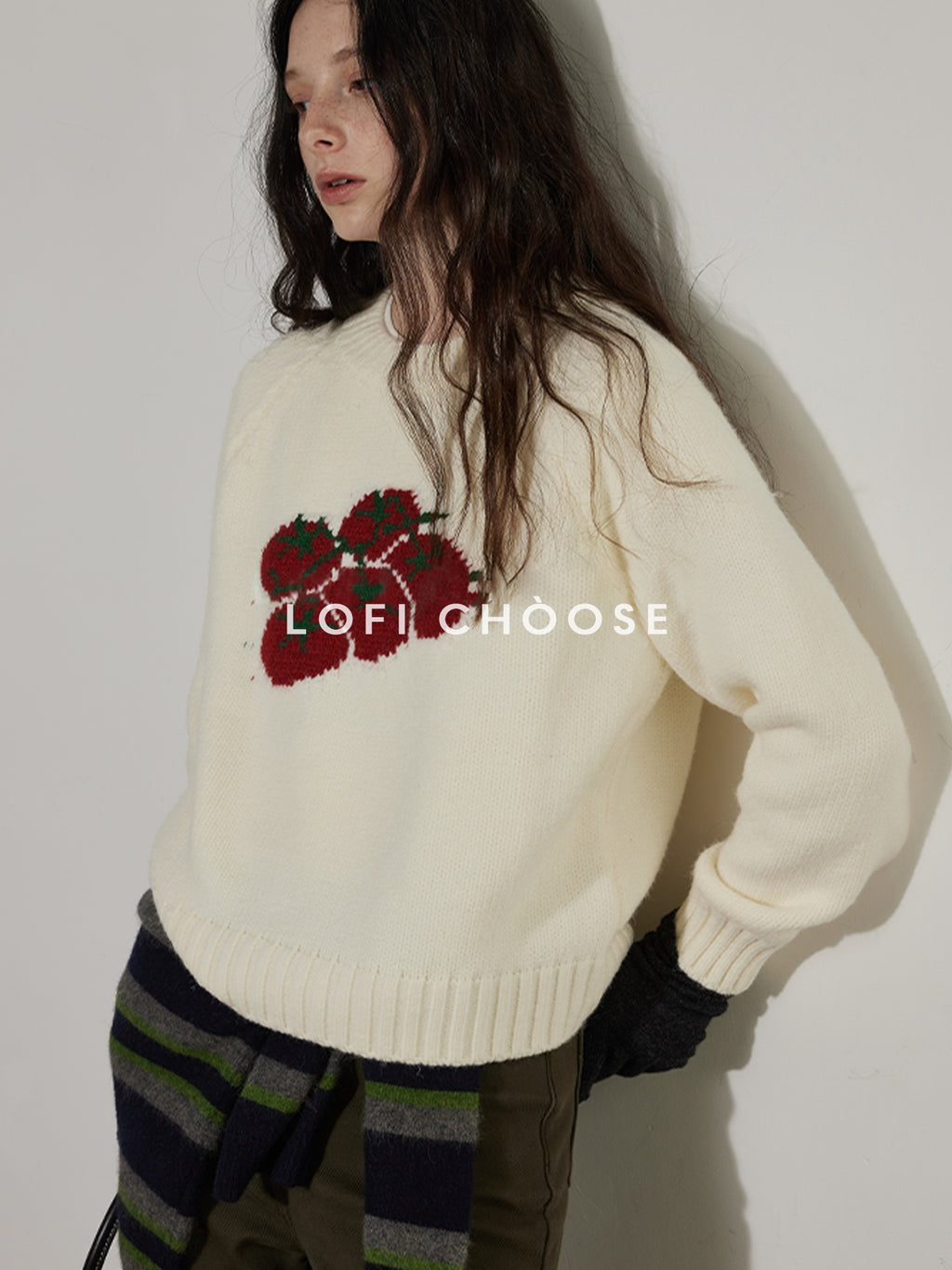 Lofi choose Cozy Crew Neck Loose Fit Office Knit Pullover Off White Navy Sweaters