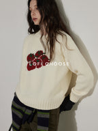 Lofi choose Cozy Crew Neck Loose Fit Office Knit Pullover Off White Navy Sweaters