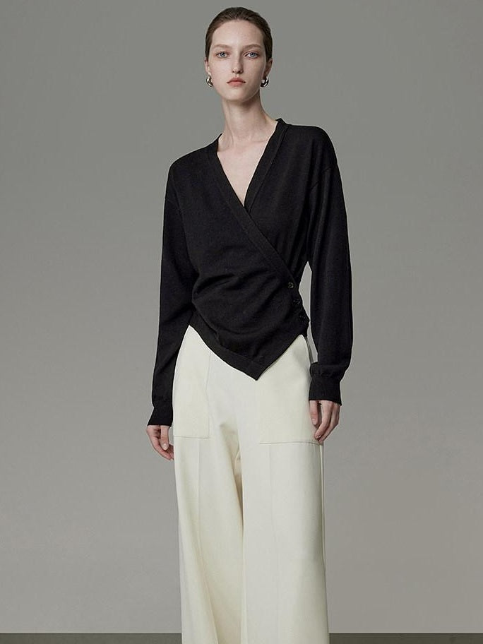 unspoken Soft Asymmetrical Loose Women V-neck Long Sleeve Black Blouses