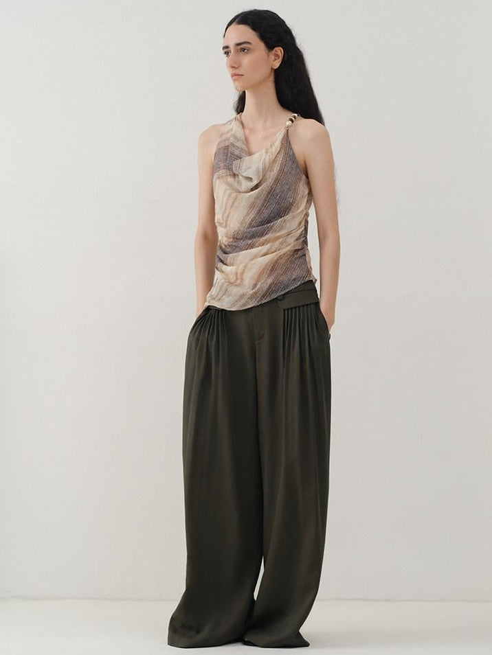 someonesometimes Original Asymmetric Patchwork Striped Slim Curve Khaki Brown For Women Vest