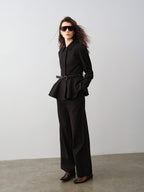 audreyyang Waist Slimming Casual Cropped Lapel Long Sleeve Black Polyester Top & Pants Sets