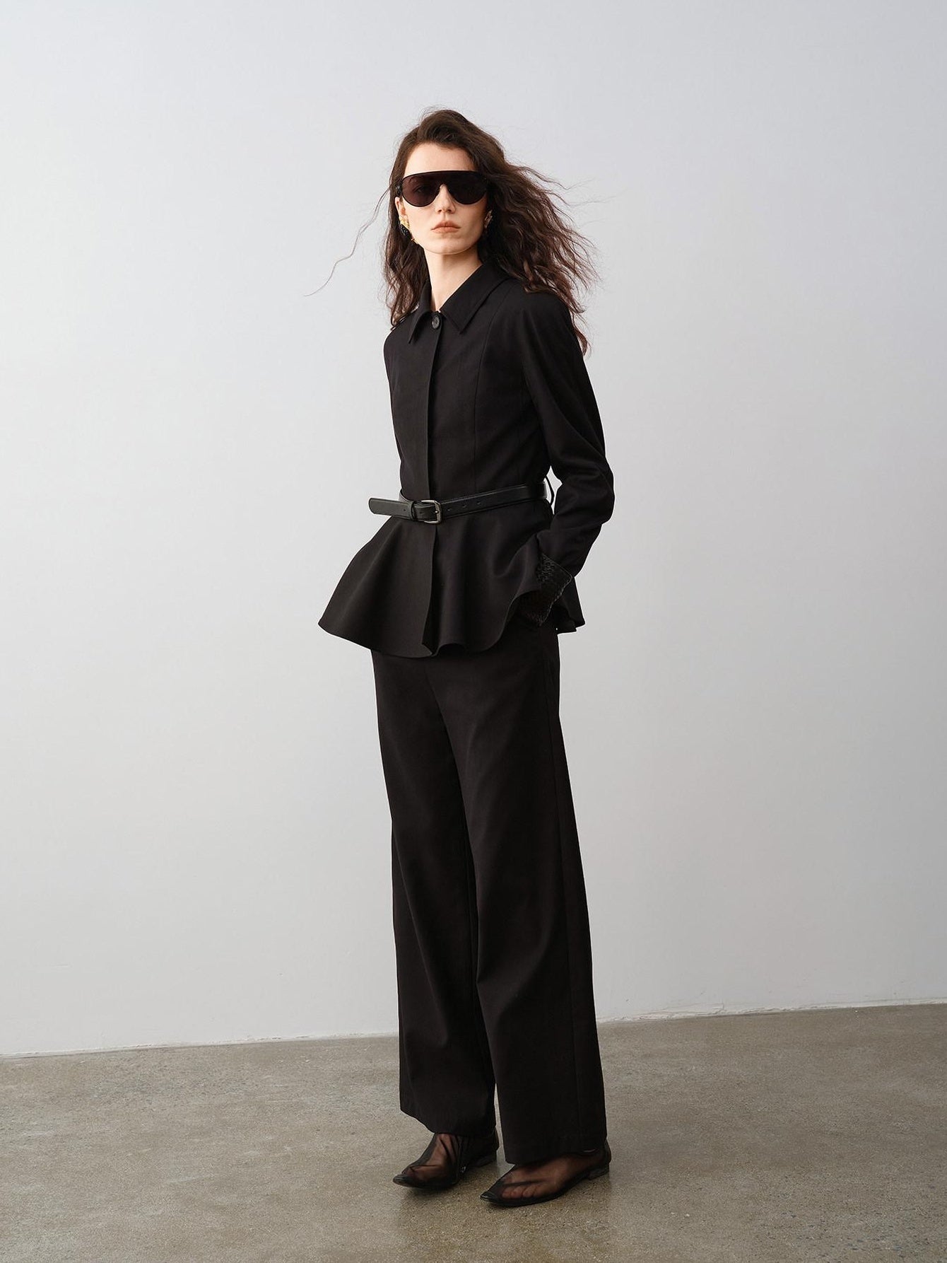 audreyyang Waist Slimming Casual Cropped Lapel Long Sleeve Black Polyester Top & Pants Sets