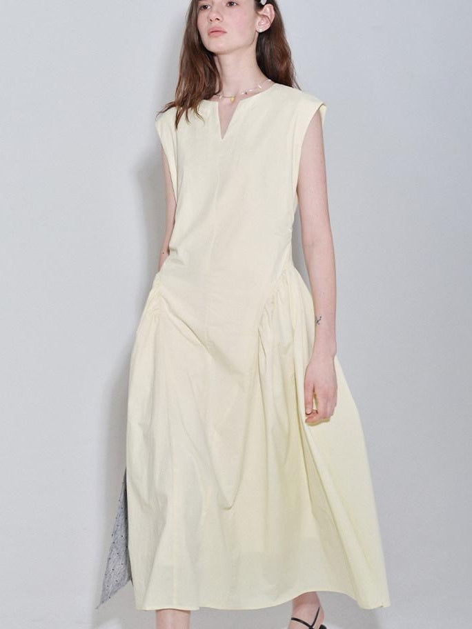 fano Pure Cotton Minimalist V-neck Sleeveless A Line Casual Women Yellow Maxi Dresses