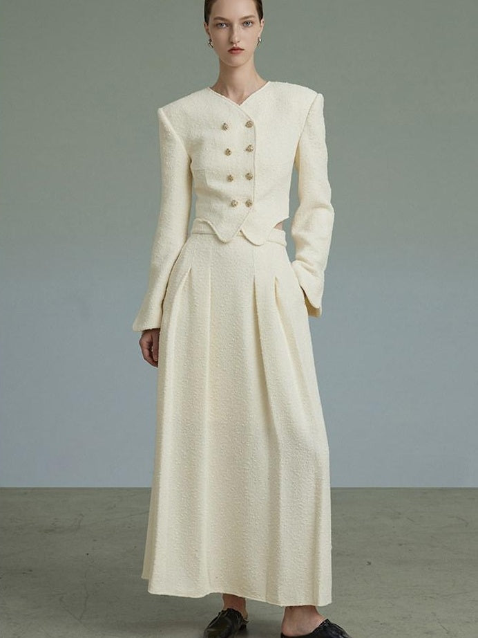 unspoken Original Design Double Breasted Cream Straight Fit Long Sleeve Top & Skirt Sets