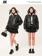 ikyou Thick Pu Minimal Commuter Straight Fit Stand Collar Black Leather Jackets