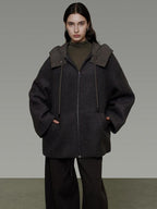 unspoken Premium Lambswool Hooded Relaxed Fit Minimal Commuter Zipper Gray Wool Coats