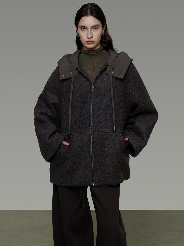 unspoken Premium Lambswool Hooded Relaxed Fit Minimal Commuter Zipper Gray Wool Coats