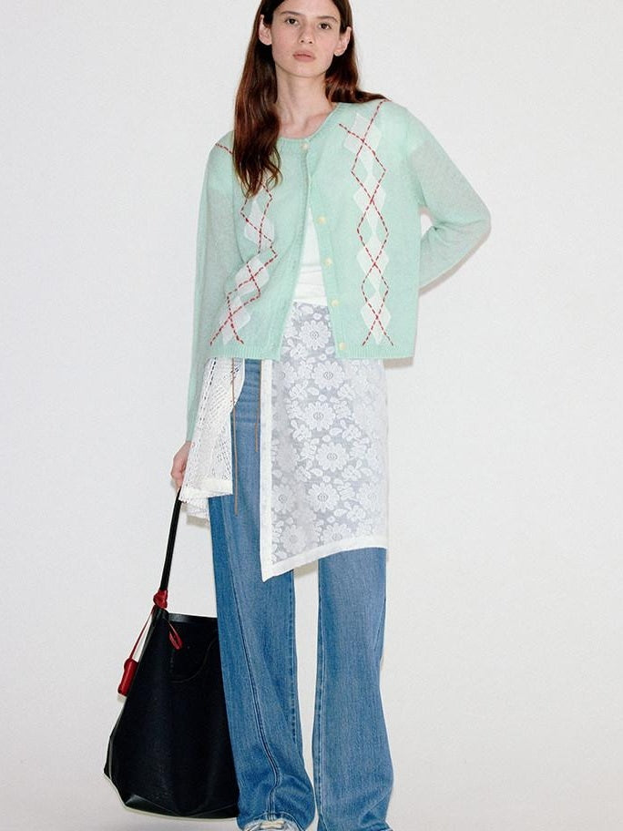 fano Warm Wool Blend Diamond Loose Fit Commuter Round Neck Mint Cardigans