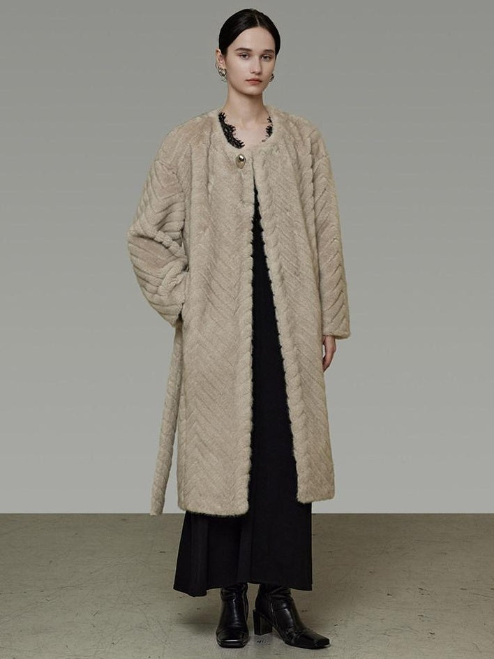 unspoken Warm Thick Beige Loose Fit Collarless Mid Length Commuter Women Long Coats