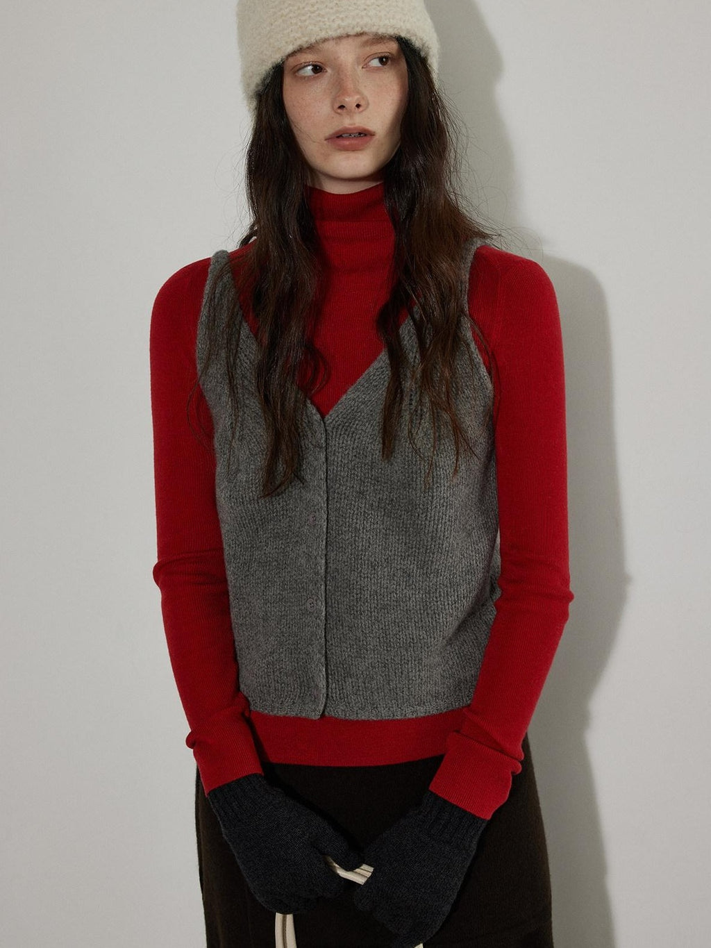 Lofi choose Pure Wool V-neck Cropped Button Front Office Sleeveless Knit Women Vests