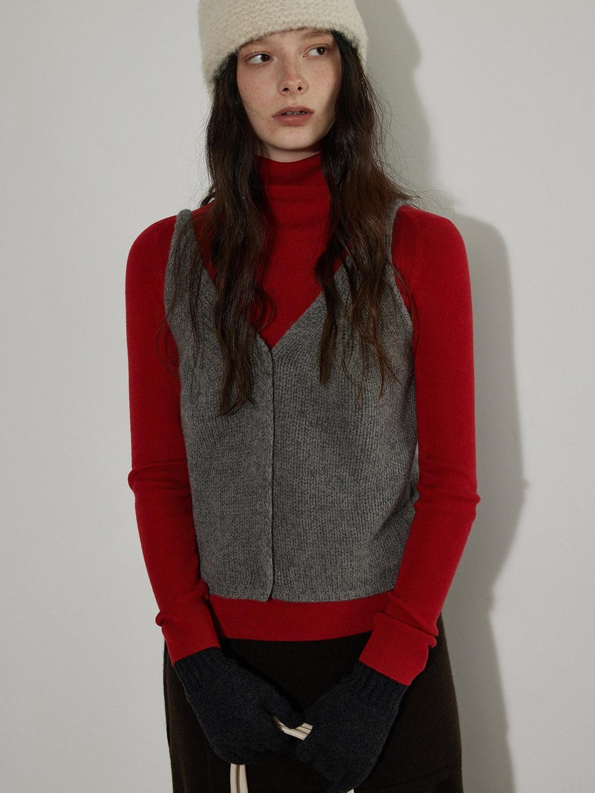 Lofi choose Pure Wool V-neck Cropped Button Front Office Sleeveless Knit Women Vests