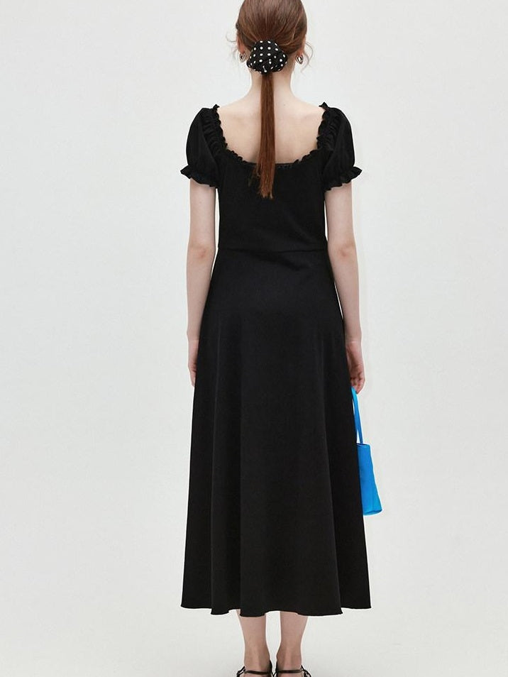fano Structured High Waist A Line Square Neck Cotton Short Sleeve Black Maxi Dresses