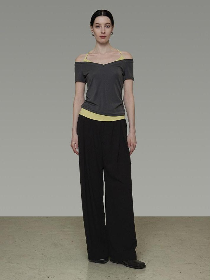 unspoken Moisture Wicking Lyocell Slim V-neck Patchwork Grey Green Halter Crop Tops
