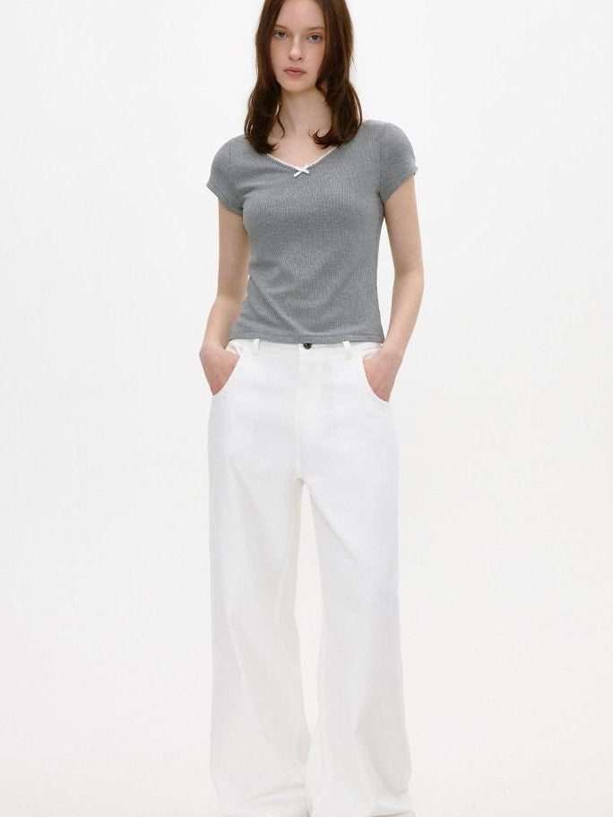 fano Soft V-neck Stretch Slim Fit Korean Office Short Sleeve Grey Basic Crop Tops