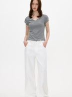 fano Soft V-neck Stretch Slim Fit Korean Office Short Sleeve Grey Basic Crop Tops