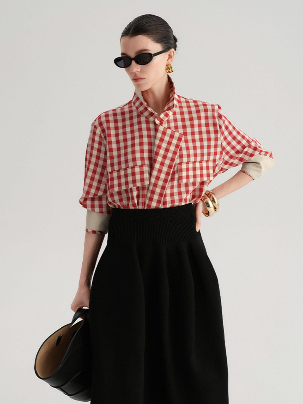 audreyyang Flattering High Waist A Line Solid Black Nylon Office Casual Women Maxi Skirts