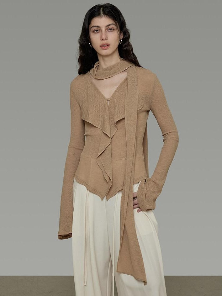 unspoken Slim Ruffle V-neck Bell Sleeve Knit Pullover Women Ginger Yellow Blouses