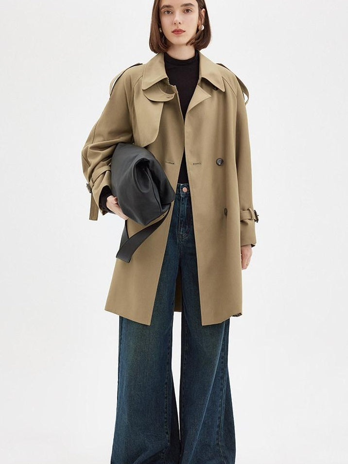 fano Pocketed Relaxed Raglan Midlength Double Breasted Khaki Womens Trench Coats