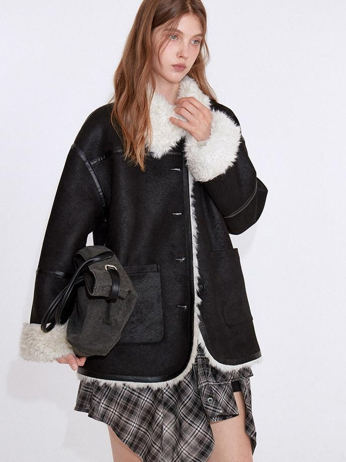 fano Contrast Color Trim Casual Loose Fit Lapel Collar Women Daily Black Short Coat