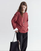 fano Comfort Cotton Stretch Striped Korean Loose Fit Women Long Sleeve T-Shirts