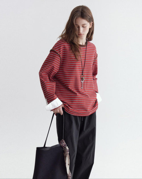 fano Comfort Cotton Stretch Striped Korean Loose Fit Women Long Sleeve T-Shirts