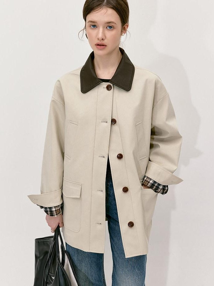 fano Patchwork Loose Fit Korean Casual 100 Percent Cotton Green Khaki Short Coat