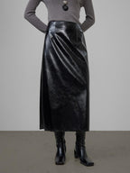 unspoken High Waist Pu Leather A Line Lined Black Commuter Skirt For Women Midi Skirts