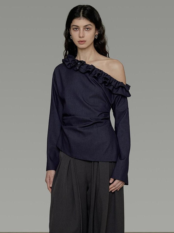 unspoken Warm Slanted Collar Loose Fit Long Sleeve Office Dark Blue Polyester Blouses