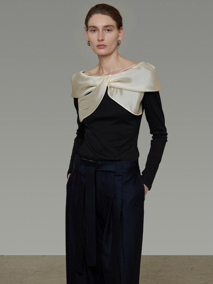 unspoken Elegant Slim Fit Knitted Contrast Bow Off Shoulder Long Sleeve Women Blouses