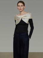 unspoken Elegant Slim Fit Knitted Contrast Bow Off Shoulder Long Sleeve Women Blouses