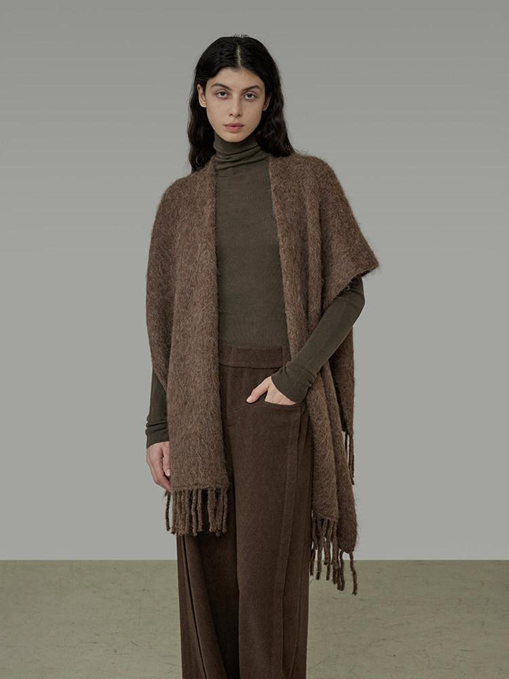 unspoken Cozy Warm Acrylic Fringe Shawl Rectangular Solid Brown Women Fashion Scarves