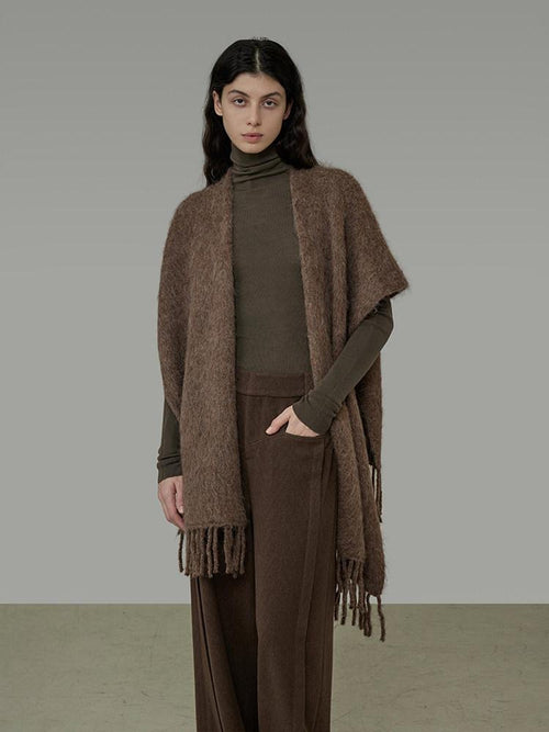 unspoken Cozy Warm Acrylic Fringe Shawl Rectangular Solid Brown Women Fashion Scarves