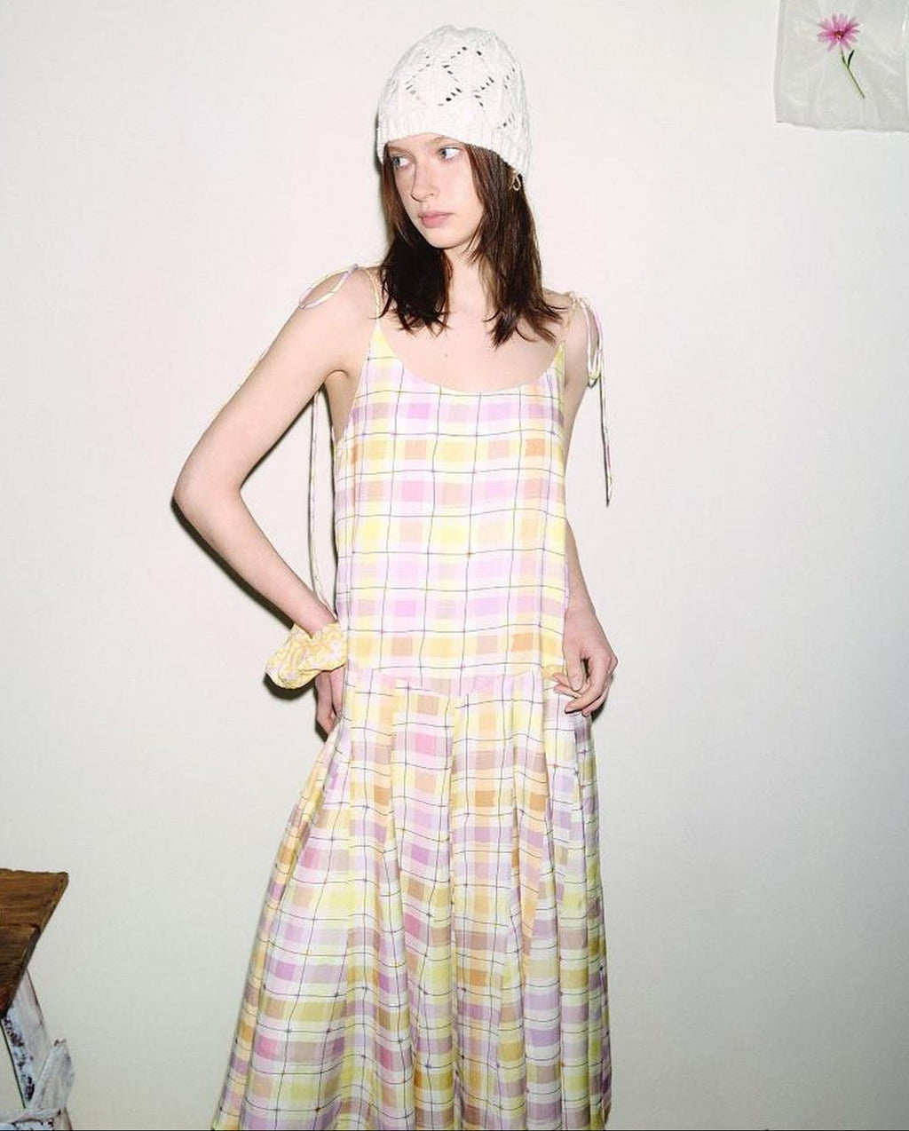 fano Viscose Printed Purple Yellow Check A Line Camisole Korean Commuter Maxi Dresses
