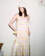 fano Viscose Printed Purple Yellow Check A Line Camisole Korean Commuter Maxi Dresses