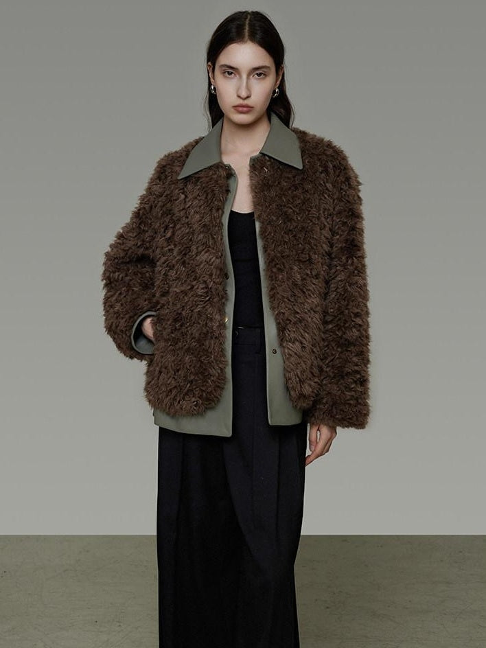 unspoken Warm Patchwork Lapel Loose Fit Minimalist Women Chestnut Short Coat