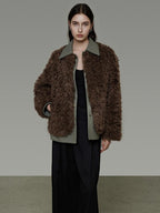 unspoken Warm Patchwork Lapel Loose Fit Minimalist Women Chestnut Short Coat