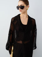 audreyyang Chic Two Piece Polyester V-neck Long Sleeve Set Women Black White Wide Leg Pants