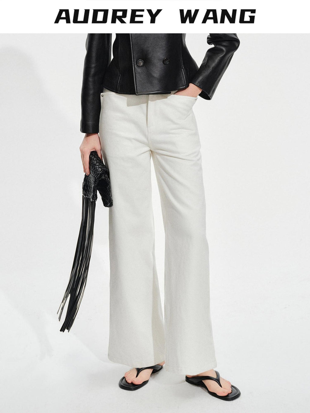 audreyyang Breathable Cotton High Waist Tailored Pockets Button Fly White Straight Pants
